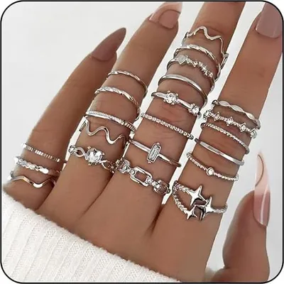 Produktbild von FloralGrace 22 Stück Silber Ring Set für Frauen, Wasserfeste Ringe Vergoldete Stapelbare Statement Ringe,Finger Ring, Schicke Silver Rings