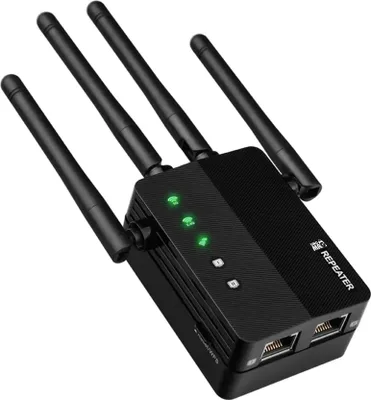Obrázek produktu pro Zesilovač bezdrátového signálu, Linomag®, rozšiřovač dosahu sítě WLAN, 4 antény, dvoupásmová síť 2,4 a 5 GHz, přenos až 1200 Mbit/s, 2 x LAN port, pokrytí 240 m2, černá barva