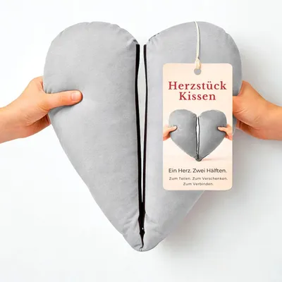 Produktbild von HERZSTÜCK – Große Liebe | Herzkissen zum Teilen | Romantisches Geschenk für Paare & Fernbeziehung | Grau