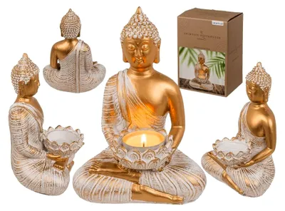 Produktbild von Deko-Figur Buddha mit Teelichthalter, ca. 13,5 x 9 x 19,5 cm, aus Polyresin, in Geschenkverpackung, Gold