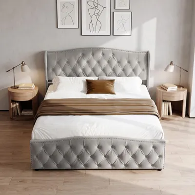 Immagine prodotto di Letto imbottito INONEFT, 160x200 cm, con rete a doghe e testiera, imbottitura con borchie, letto box con sistema idraulico e spazio contenitore, in velluto, colore grigio