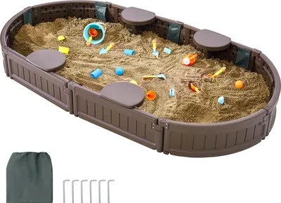 Produktbild von SucceBuy Sandkasten mit Abdeckung, 72 x 41,5 x 9,1 Zoll ovaler Sandkasten, HDPE-Sandkasten mit 4 Ecksitzen und Bodenauskleidung für draußen, Hinterhof, Strand, Geschenk für Jungen und Mädchen 3–12