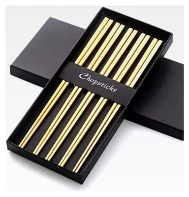 Produktbild von 5 Paar Essstäbchen aus Edelstahl 304 in Gold, 18/10, quadratische Form für Sushi und Abendessen