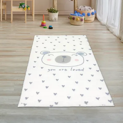 Image de Tapis de chambre d'enfant doux Cœur et un ours mignon - crème Taille - 80 x 150 cm