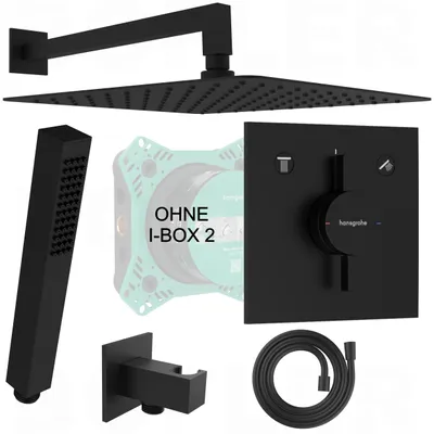 A collection of black bathroom shower fixtures, including a showerhead, hand shower, control valve, hose, and mounting bracket, arranged on a white background.