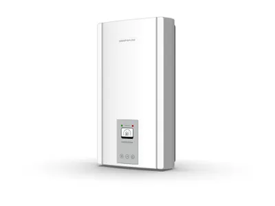 A white electric water heater is shown against a white background.