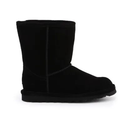 A black winter boot is shown against a white background.