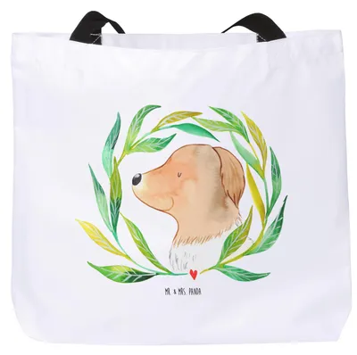 Produktbild von Mr. & Mrs. Panda Tote Bag Hund Blumen - Weiß - Geschenk, Hundeliebe, Ranke, Strandtasche, Laptoptasche, Reisetasche, Hunde, Tasche, Schultasche, Hundemotiv, Hundemama