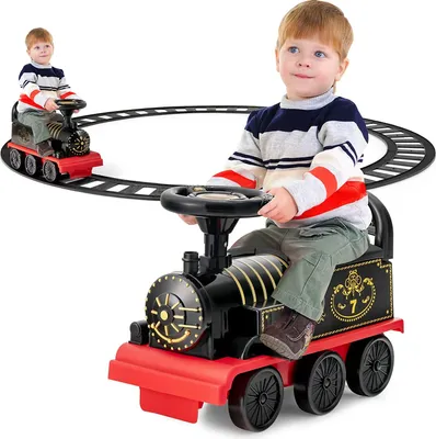 Produktbild von GOPLUS Kinder Elektro Zug, Kinderfahrzeug mit 16 STK. Schiene Set, 6V Kinder Aufsitz mit Licht, Musik, Zugpfeife & Stauraum, Elektro Kinderauto