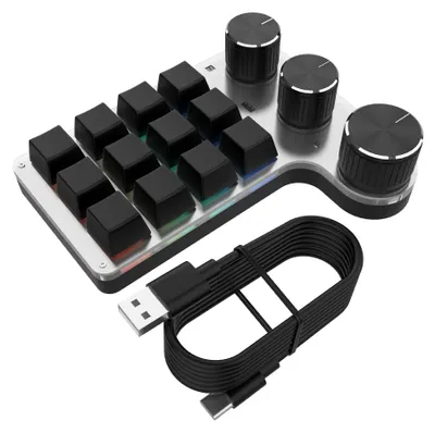 Obrázek produktu pro Herní klávesnice se 3 tlačítky, červená spínací klávesnice s duálním režimem USB+BT, 12 kláves, přizpůsobitelná klávesnice - černá