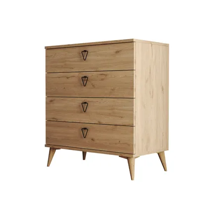 A wooden chest of drawers with four drawers and angled legs, shown against a white background.