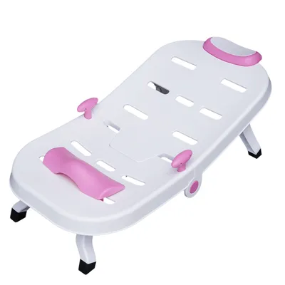 Produktbild von Babywanne mit Gestell Klappbar Ergonomisch Baby Badewanne Set Kissen Shampoo Stuhl für 0-10 Jahren Kinder (rosa+weiß)