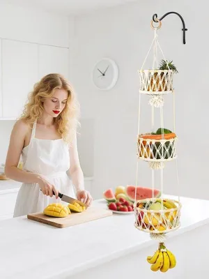 Produktbild von Obstkorb mit 3 Etagen, hängender Bambus-Hängekorb, Platzsparend, Obstlagerung, hängend für Küche (120 cm)