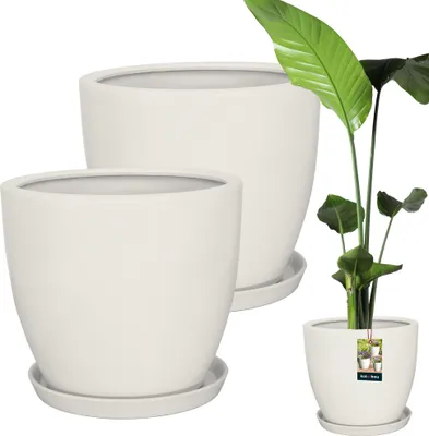 Produktbild von KOTARBAU® 2er Set Pflanzentopf mit Untersetzer Weiß ⌀ 38 cm  Höhe: 33 cm Glasierte Keramik Blumentopf Keramik groß Plant Pot Kaktus Topf mit Untersetzer Übertopf mit Untersetzer Blumentöpfe Keramik