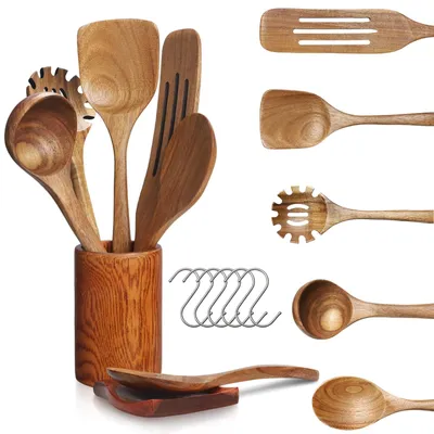 Productafbeelding van 13-delig houten kookgerei set met opscheplepels en haken