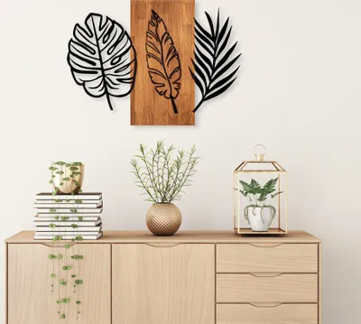 Produktbild von Wallity, Triple Leaves - 384, Wanddeko, Nussbaum, Metall, 58 x 80 cm