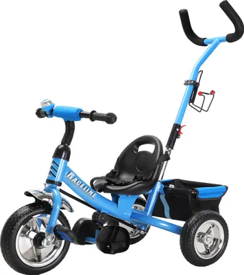 Produktbild von Spielwerk® Dreirad 2in1 mit Schubstange ab 1 Jahr Getränkehalter Kinderdreirad Klappbare Fußablage Baby Buggy Laufrad Kinderwagen Kleinkind Blau