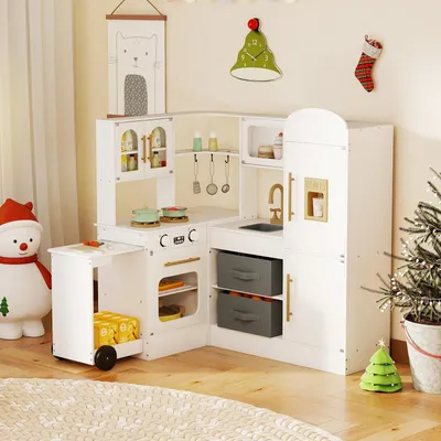Immagine prodotto di COSTWAY Cucina per bambini con piano di lavoro estraibile, lavello, fornello, forno, frigorifero, luci, suoni, accessori e cestini in tessuto Cucina giocattolo per bambini 3+Bianco