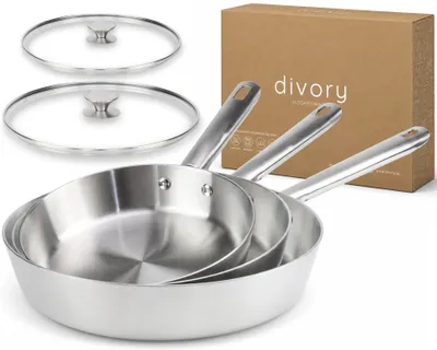 Produktbild von DIVORY Edelstahlpfanne unbeschichtet - Set 5 tlg. – für alle Herdarten, backofengeeignet, spülmaschinenfest (Set, 20, 24, 28 cm Pfanne, 2x Deckel)