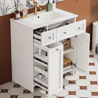 Produktbild von Freistehender Waschtisch 76x47x86 cm mit 8 Schubladen Soft-Close Keramikbecken Weiß