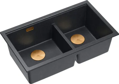 Produktbild von QUADRON Spülbecken 2-Becken Spüle | Größe: 78 x 50 x 23,5 cm | LOGAN 120 | Unterbauspüle Granitspüle aus GraniteQ mit Siphon | Schwarz + Kupfer PVD