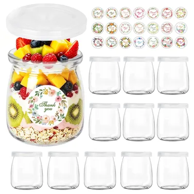 Imagen del producto de Vasos de yogur transparentes, de 150 ml, paquete de 12 unidades, con tapa, para uso en la cocina