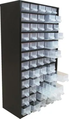 Produktbild von Metallregal mit 60 Schubladen, Trennwänden und Etiketten 306x155x551