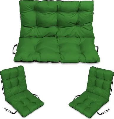 A set of green cushions for outdoor or indoor use, including a long bench cushion and two smaller seat cushions, displayed against a white background.