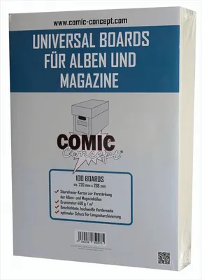 A product shot of comic boards in their packaging.
