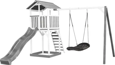 Produktbild von AXI Beach Tower Spielturm aus Holz in Weiß & Grau | Spielhaus für Kinder mit grauer Rutsche, Nestschaukel und Sandkasten | Stelzenhaus für den Garten