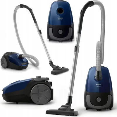 A collage of a blue Philips Powergo vacuum cleaner from different angles.