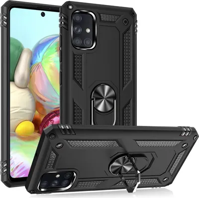 A black phone case with a ring holder is shown from multiple angles against a white background.