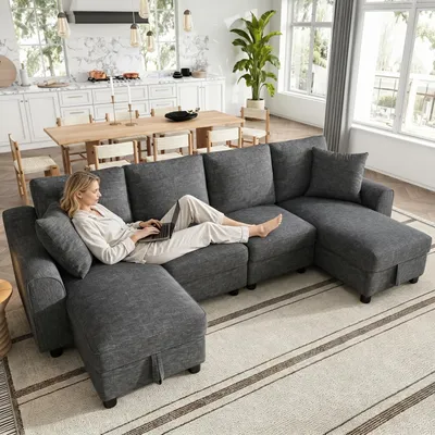 Immagine prodotto di Divano ad angolo a 4 posti Merax a forma di U, divano con 2 contenitori per letti, divano ad angolo in ciniglia con 2 chaise longue, salotto componibile con cuscini, divano modulare, divano, grigio