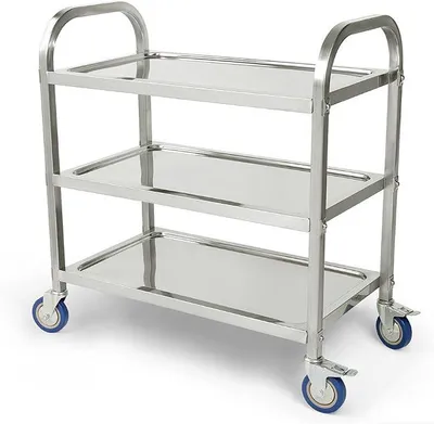 Productafbeelding van Serveerwagen met wielen, 3 plateaus, roestvrij staal, keukentrolley met wielen, opbergplanken, geschikt voor catering, serveerwagen, restaurant, kantine, horeca (95 x 50 x 95 cm)