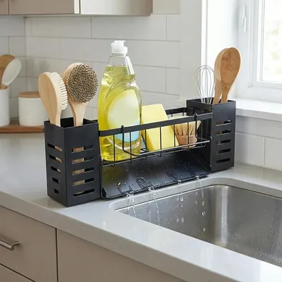 Produktbild von PolkaHome® Abtropfgestell mit selbstentleerender Auffangschale, Edelstahl Spülbecken-Organizer, Schwarz mit Tuchhalter und