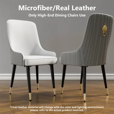 Two dining chairs are shown against a plain background. One chair is white and the other is gray. Text overlays provide product information.