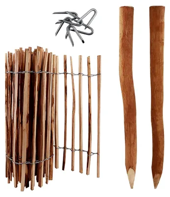 Produktbild von 5m Komplettset Staketenzaun 80cm hoch mit Lattenabstand von 4-6cm, inklusive 5 Holzpfosten 1,05m lang und Krampen, Gartenzaun aus Haselnuss, langlebiger Holzzaun