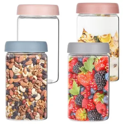 Produktbild von Overnight Oats Gläser Set - 4er Pack mit Deckeln - 600ml Glasbehälter für Mahlzeitvorbereitung