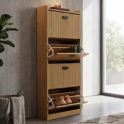 Zdjęcie produktu dla Szafka na buty HWC-O39, stojak na buty wywrotka 4 klapy składane przegródki MDF melamina metal 148x50x24cm ~ natura