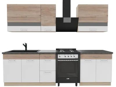 Obrázek produktu pro Kuchynská linka 270 cm – ECONO B – dub Sonoma – bílá lesklá – s tmave hnedou pracovní deskou – vestavená kuchyne se systémem Soft-Close – kovové zásuvky