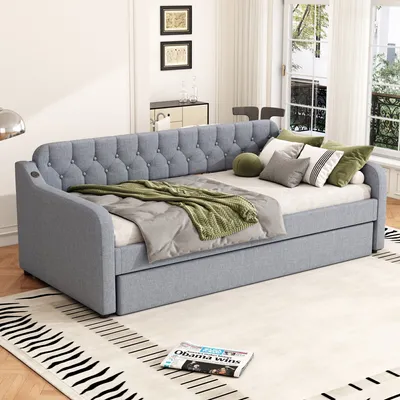 Produktbild von Schlafsofa 90x200 cm Tagesbett (Ohne Matratze) Linen mit ausziehbares Rollbett USB-Anschluss Grau Lattenroste Sofa