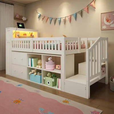 Produktbild von Kinderbett mit Stauraum, Schubladen, LED, Leiterschrank, Matratze nicht inbegriffen, Weiß, 90x200 cm