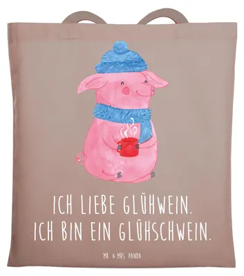 Produktbild von Mr. & Mrs. Panda Jutebeutel Schwein Glühwein - Braun Pastell - Geschenk, Glühschwein, Tote Bag, Punsch, Tasche, Beutel, Weihnachten, dokumententasche, Weihnachtsmarkt
