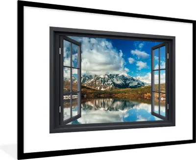 Produktbild von MuchoWow® Gerahmtes Poster Aussicht - Berge - Wasser 90x60 cm - Poster mit Schwarzem Bilderrahmen Wandposter Rahmen Foto Bilder - Wanddekoration - Fotos