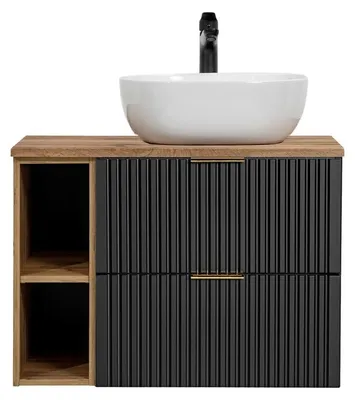 Productafbeelding van Onderkast set NOXERA 80 cm - Mat zwart en eiken - 2 laden + 2 nissen + wastafel