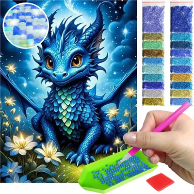 Produktbild von ARTULIO - Diamond Painting Set - Blauer Fantasy Drache mit Blumen - 40 x 30 cm - AB Steine, AB Diamant - Crystal Art, Komplettset Mosaik + Zubehör