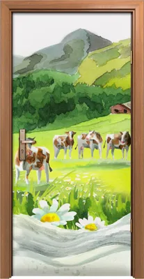 Produktbild von Türposter 90x200 cm Türaufkleber Türtapete Türfolie Klebefolie Kühe in einer Wiese und Milchwelle