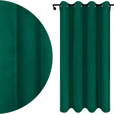 A close-up view of a teal curtain and a full view of a teal curtain hanging on a rod.