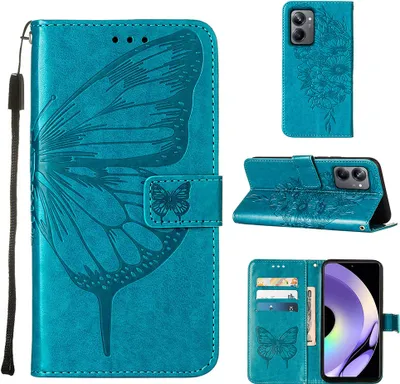 Produktbild von Lederhülle für Realme 10 Pro 5G Schmetterling Prägung Flip Ledertasche Kartenfächer Handyhülle mit Ständer Blau