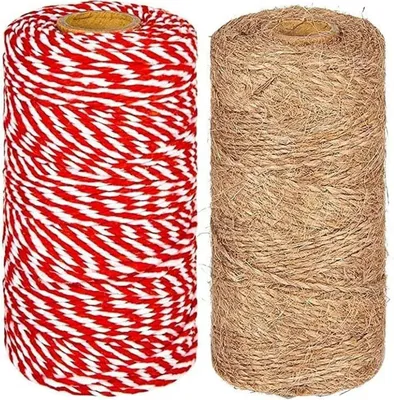 Produktbild von Weihnachts-Dekorations-Set, 10m Rot-Weiße Baumwollschnur + 10m Naturjuteschnur, 20g, für DIY Basteln und Geschenkverpackung